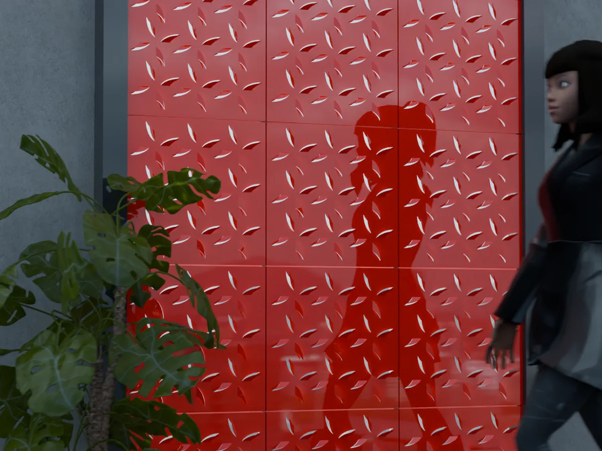 Colored perforated ACM panel mounted on a concrete wall