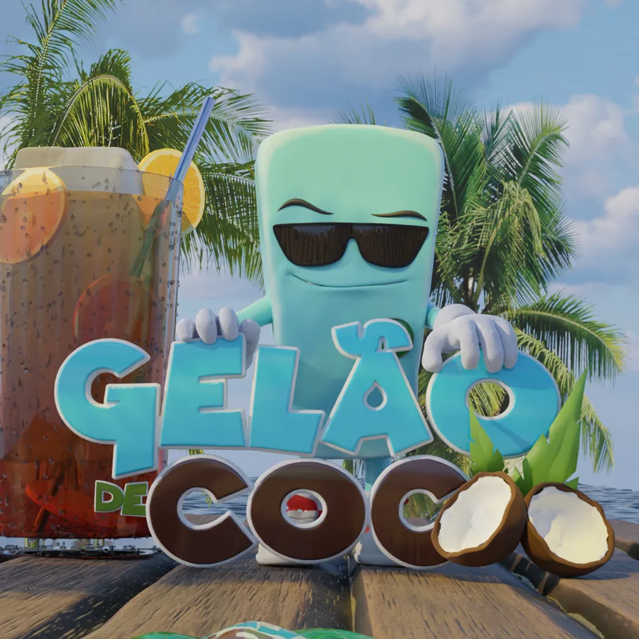 Volumetric 3D letters on a beach scene, with drinks and a coconut