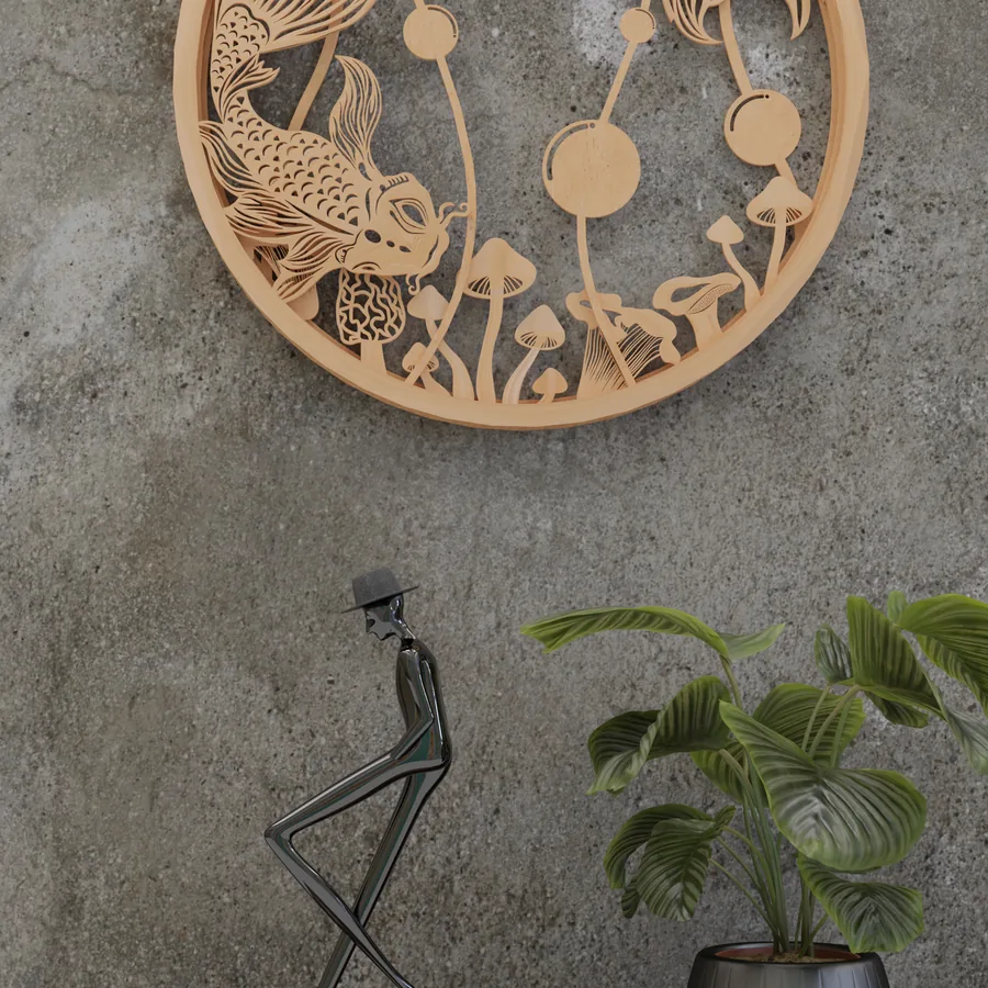 Circular cut-out panel with a koi fish design, mounted on a concrete wall