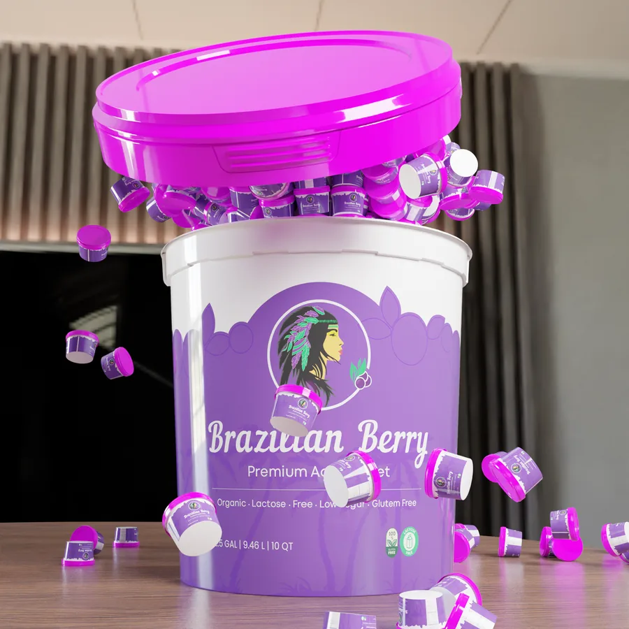 Render of a purple and white supplement tub with a pink lid, surrounded by cubes