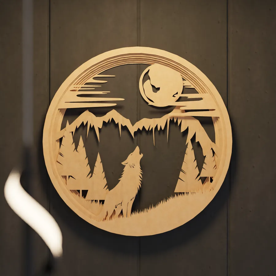 Circular wooden cut-out panel with a howling wolf and mountains, mounted on a wall