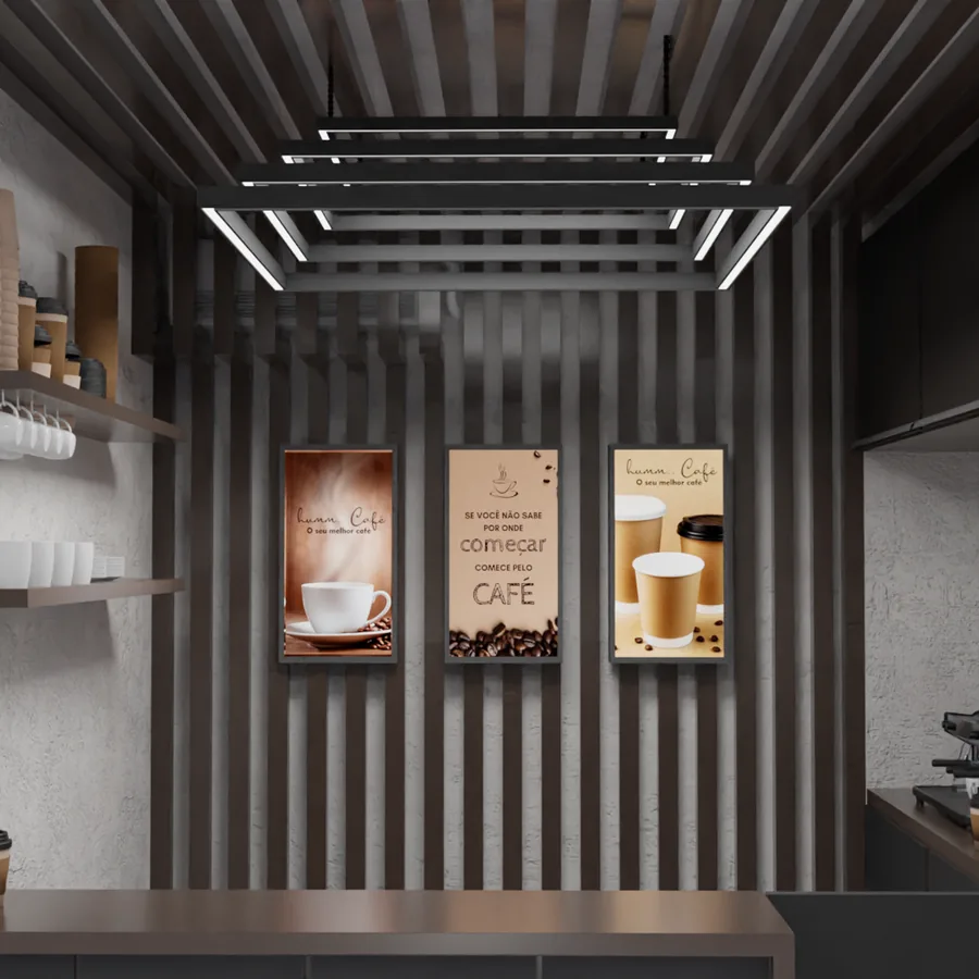 Coffee shop interior with vertical slatted ceiling, shelves and menu boards