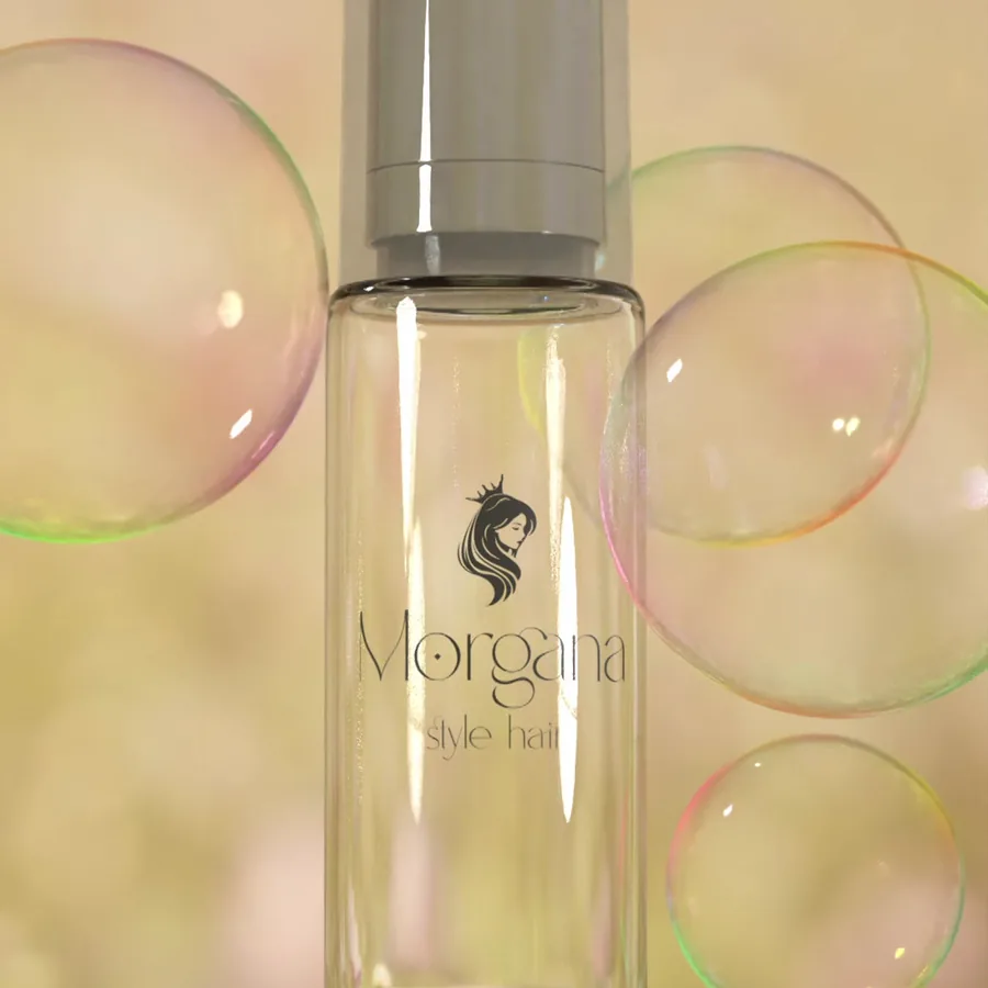 Perfume bottle with soap bubbles behind it, in golden light