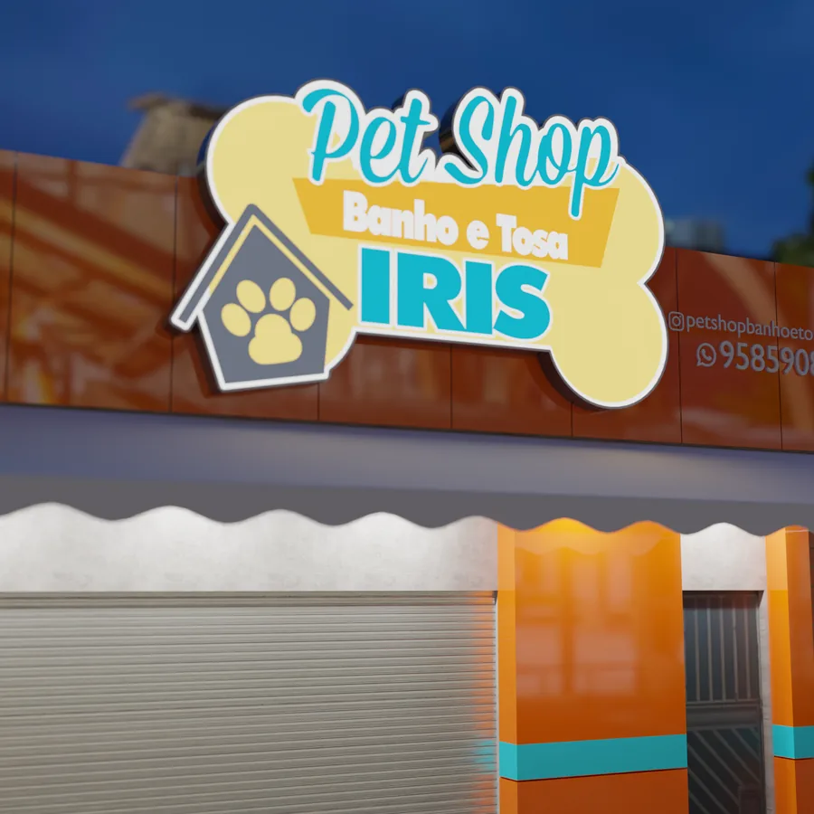 Pet shop storefront with a bone-shaped sign and a striped awning