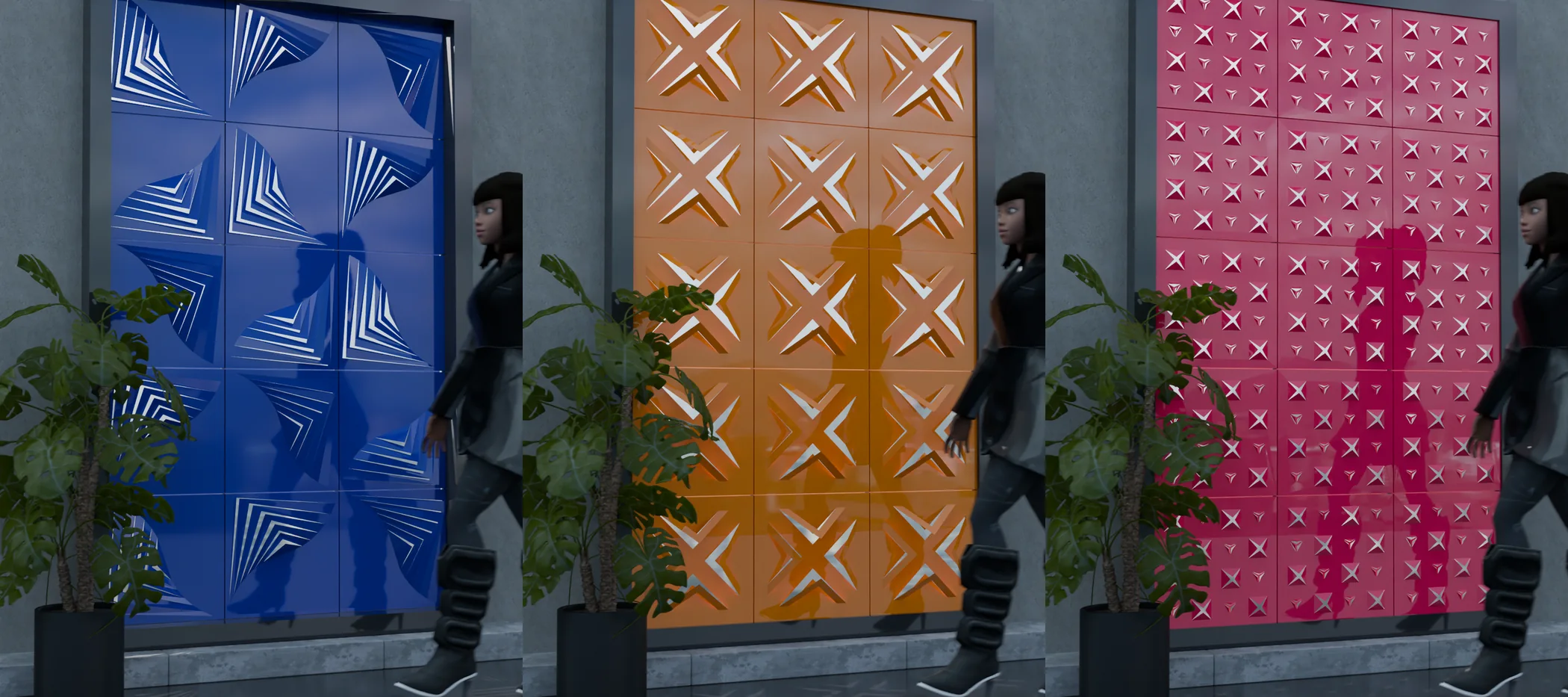 Colored perforated ACM panel installed on a concrete wall at real scale, with a person walking past