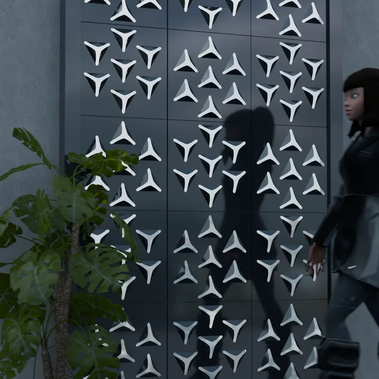 Pattern 12 from the perforated ACM pack, applied to a wall panel