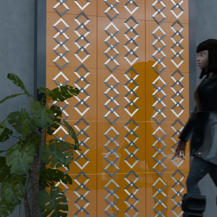 Pattern 22 from the perforated ACM pack, applied to a wall panel