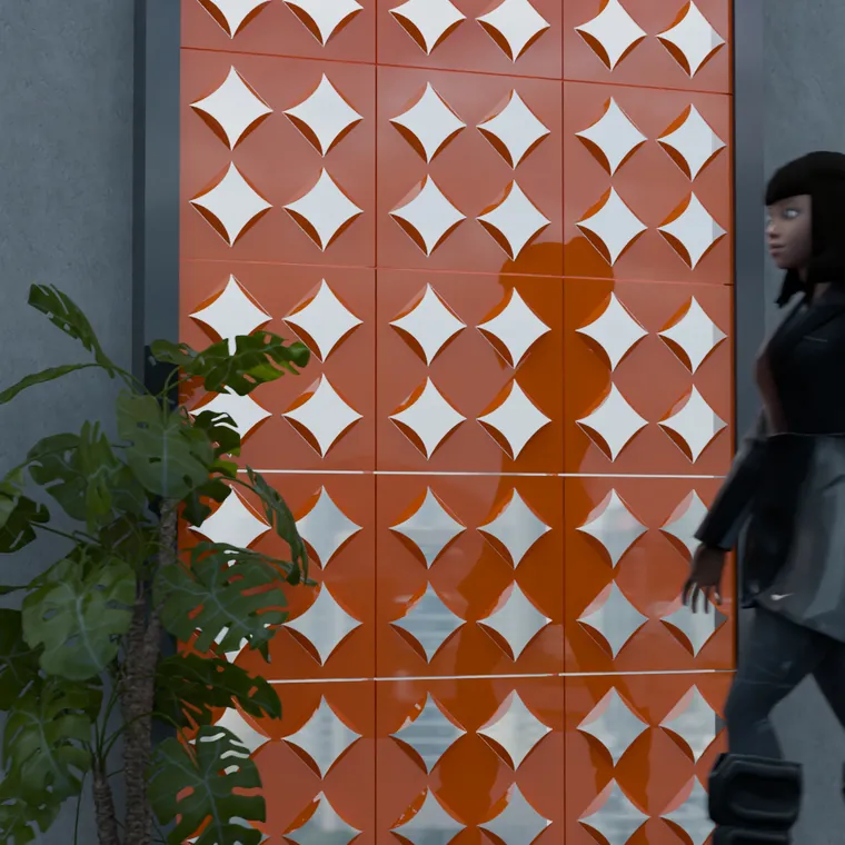 Pattern 28 from the perforated ACM pack, applied to a wall panel