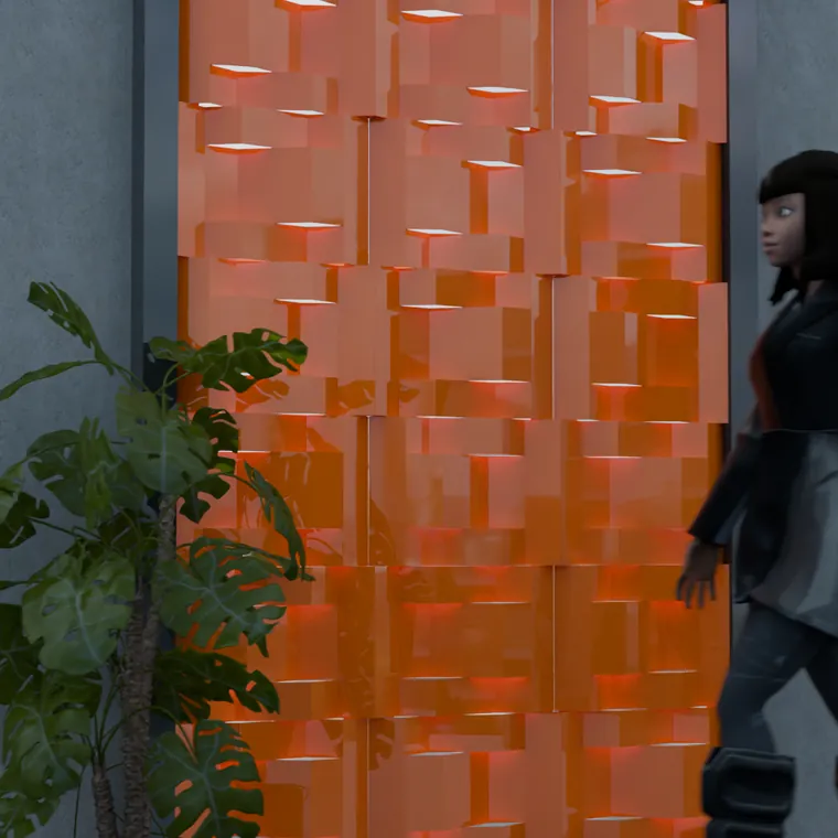 Pattern 34 from the perforated ACM pack, applied to a wall panel